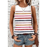 Red Stripe Rainbow Round Neck Tank Top - L