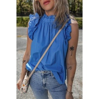 Sky Blue Frilled Neck Ruffled Armholes Buttoned Back Tank Top - L