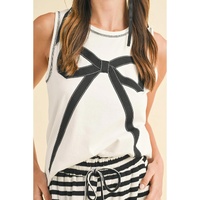 White Sweet Bow Stitching Trim Sleeveless Top - M