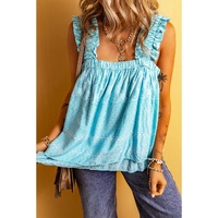 Sky Blue Tribal Pattern Print Ruffled Wide Straps Loose Tank Top - L