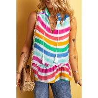 Rose Red Rainbow Stripes Ruffled Hem Drawstring V Neck Tank Top - L