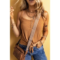 Straw Yellow Ribbed Front Knot Buttoned Thin Strap Tank Top - L
