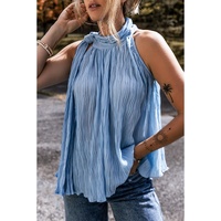 Myosotis Textured Pleated Tied Mock Neck  Flowy Tank Top - L