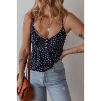 Blue Floral Print Spaghetti Strap Buttoned V Neck Tank Top - L