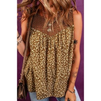 Brown Eyelet Knit Yoke Patchwork Printed Flowy Fit Tank Top - S