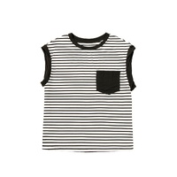 Black Stripe Chest Pocket Patch Round Neck Tank Top - L