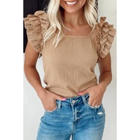 Smoke Gray Ruffled Tiered Sleeve Square Neck Textured Top - L