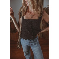 Black Floral Embroidered Buttoned Square Neck Tank Top - L