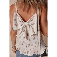 White Floral Pleated Big Bow Back Spaghetti Straps Tank Top - L