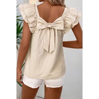 Beige Textured Bow Knot Frilled Butterfly Sleeve Blouse - M