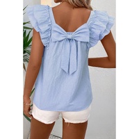 Beau Blue Textured Bow Knot Frilled Butterfly Sleeve Blouse - L