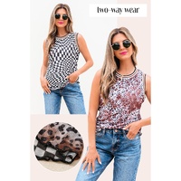 Multicolour Cheetah Checkered Dual Print Reversible Round Neck Mesh Tank Top - L