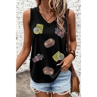 Black Sequined Crawfish Ribbed V Neckline Tank Top - M