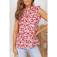 Red Floral Print Ruffled Mock Neck Sleeveless Top - M