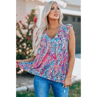 Boho Pattern Print Flounce V Neck Tank Top - M