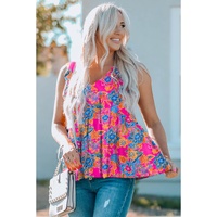 Rose Red Boho Pattern Print Flounce V Neck Tank Top - M