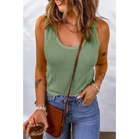 Green Plain Waffle Knit U Neck Tank Top - S