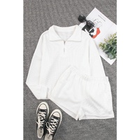 White Ribbed Zipper Sweatshirt and High Waist Shorts Set - XL
