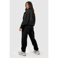 Black Plain Half Zip V Neck Ribbed Edge Loose Tracksuit - 2XL