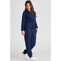 Navy Blue Ribbed Knit Cropped Hoodie and Drawstring Joggers Set - M