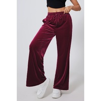 Burgundy Solid Drawstring Waist Wide Leg Pants - S