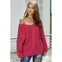 Rose Bubblegum V-Neck Braided Knit Sweater - L
