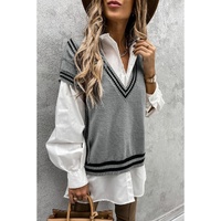 Azura Exchange Gray V Neck Contrast Stripes Trims Short Sleeve Sweater - L