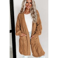 Azura Exchange Khaki Ribbed Trim Eyelet Cable Knit Cardigan - S