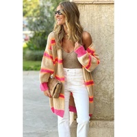 Stripe Printed Ribbed Long Knitted Cardigan - M
