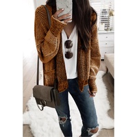 Brown Chunky Waffle Knit Oversized Collar Cardigan - 2XL