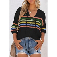 Black Striped Detail Zip Up Hooded Sweater Cardigan - M