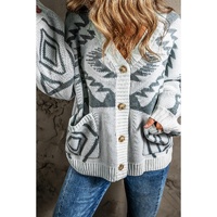 Light Grey Geometric Pattern Ribbed Trim Button-Up Cardigan - L