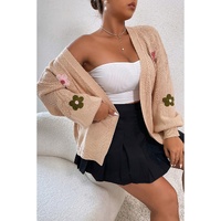 Smoke Gray Floral Applique Drop Shoulder Bubble Sleeve Cardigan - L