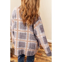 Sky Blue Fuzzy Plaid Collared Button Up Cardigan - S