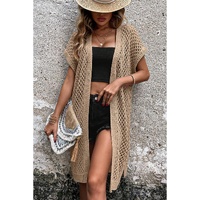 Camel Batwing Sleeve Pointelle Knit Open Front Cardigan - S