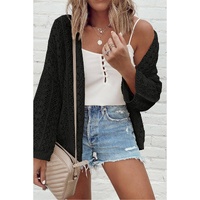 Black Hollow Out Knit Drop Shoulder Open Front Cardigan - L