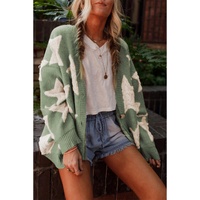 Green Sherpa Star Pattern Textured Sweater Cardigan with Pockets - M