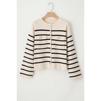 Black Stripe Flap Pocket Buttoned Cardigan Sweater - M