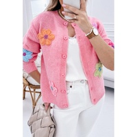 Pink Cute Knitted Floral Pattern Button Up Cardigan - M