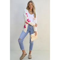 Rose Red Flower Pattern Open Front Cardigan - S