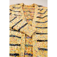 Beige Striped Pom Pom Knit Open Front Long Cardigan - L