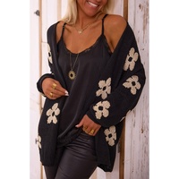 Black Floral Print Knitted Open Front Loose Cardigan - M