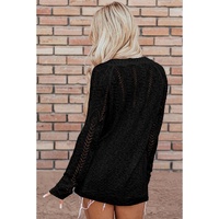 Black Solid Open Knit Cardigan - L