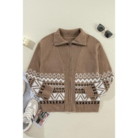 Brown Western Printed Ribbed Trim Collared Zip up Cardigan - L