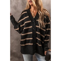 Black Stripe Buttoned V Neck Drop Shoulder Loose Cardigan - 2XL