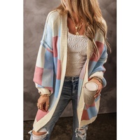 Light Blue Checkered Drop Shoulder Exposed Seam Open Front Cardigan - M