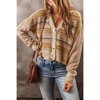 Khaki Buttoned V Neck Cropped Cardigan - 2XL