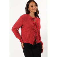 Fiery Red Ribbed Knit Bow Front Buttoned Cardigan - XL