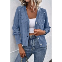 Myosotis Textured Knit Pearl Beaded Button Up Cardigan - L