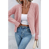 Sepia Rose Textured Knit Pearl Beaded Button Up Cardigan - L